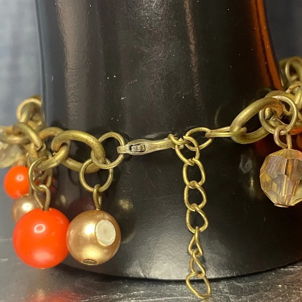 Vintage Chunky Charm Bracelet Orange Gold‎ Beaded Dangle Costume Jewelry